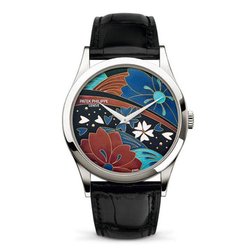 Unworn Patek Philippe Calatrava 5077P-097 Platinum Enamel Kimono Artwork Dial Black Leather 38mm watch box papers