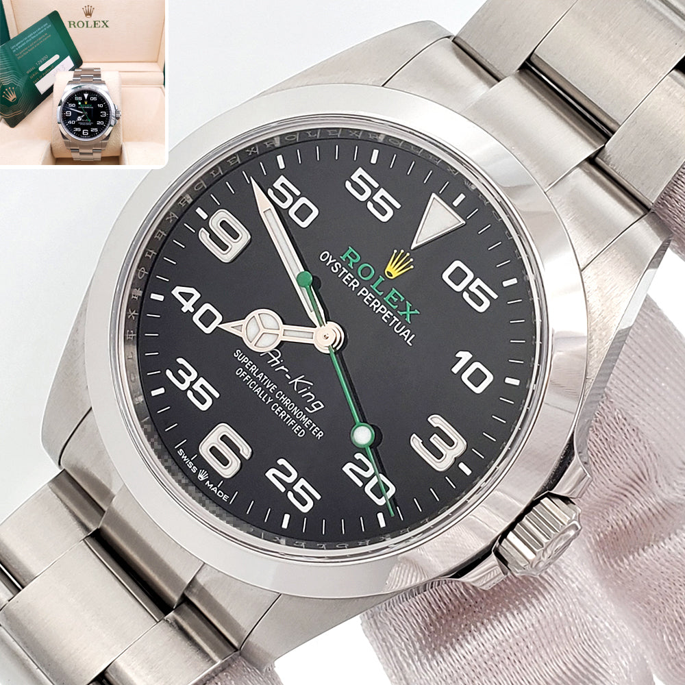 2023 Rolex Air King 126900 Black Dial Green Script Steel 40mm Watch Box Papers