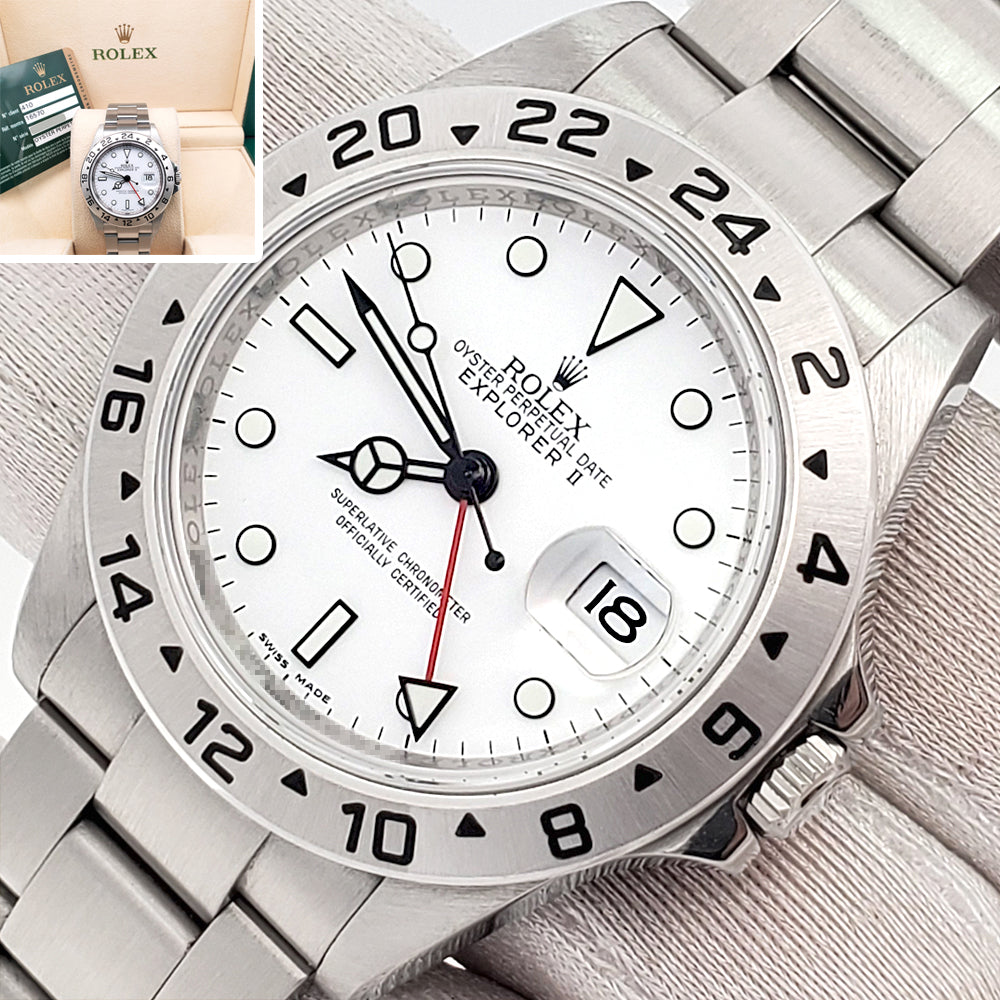 Unpolished 2011 3186 Rolex Explorer II 40mm Engraved Rehaut Polar White Steel Watch 16570 Box Papers