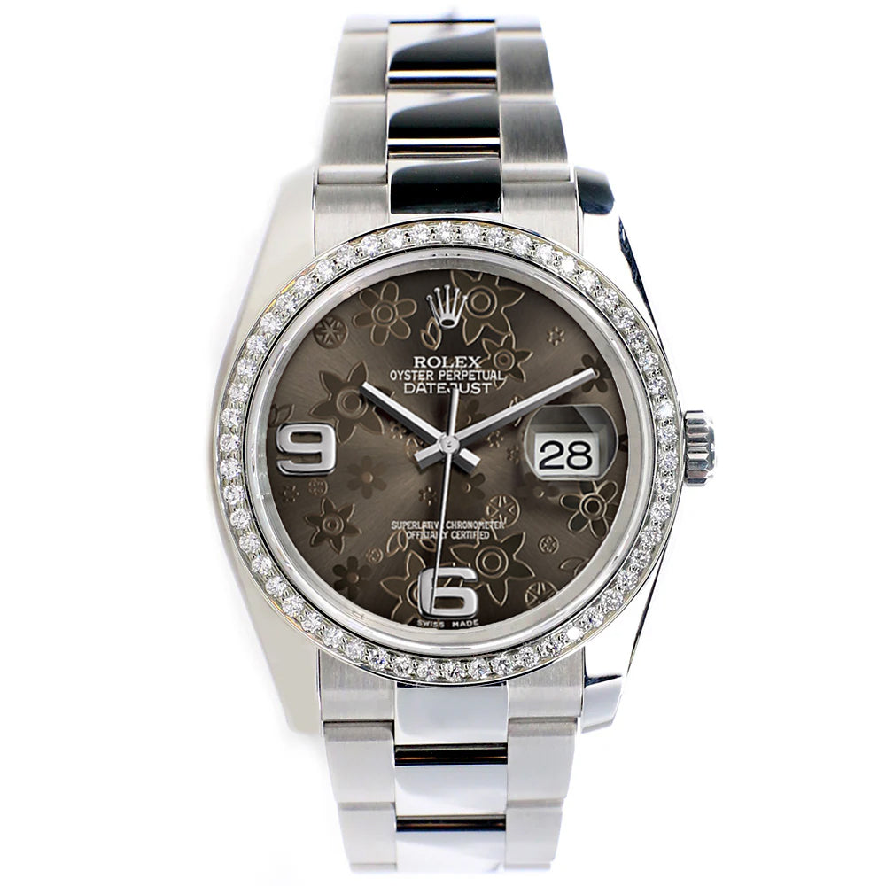 Rolex Datejust 36mm Rhodium Floral Dial Oyster Watch with custom VS1 Diamond Bezel 116200