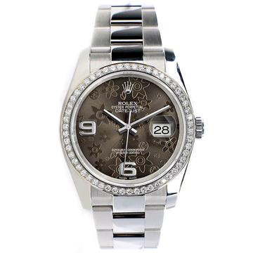 Rolex Datejust 36mm Rhodium Floral Dial Oyster Watch with custom VS1 Diamond Bezel 116200