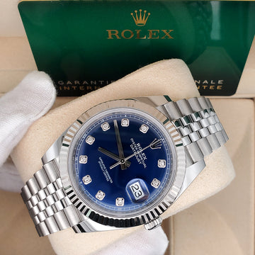 2021 Rolex Datejust 41 126334 Factory Diamond Blue Fluted Bezel Jubilee Steel Watch Box Papers