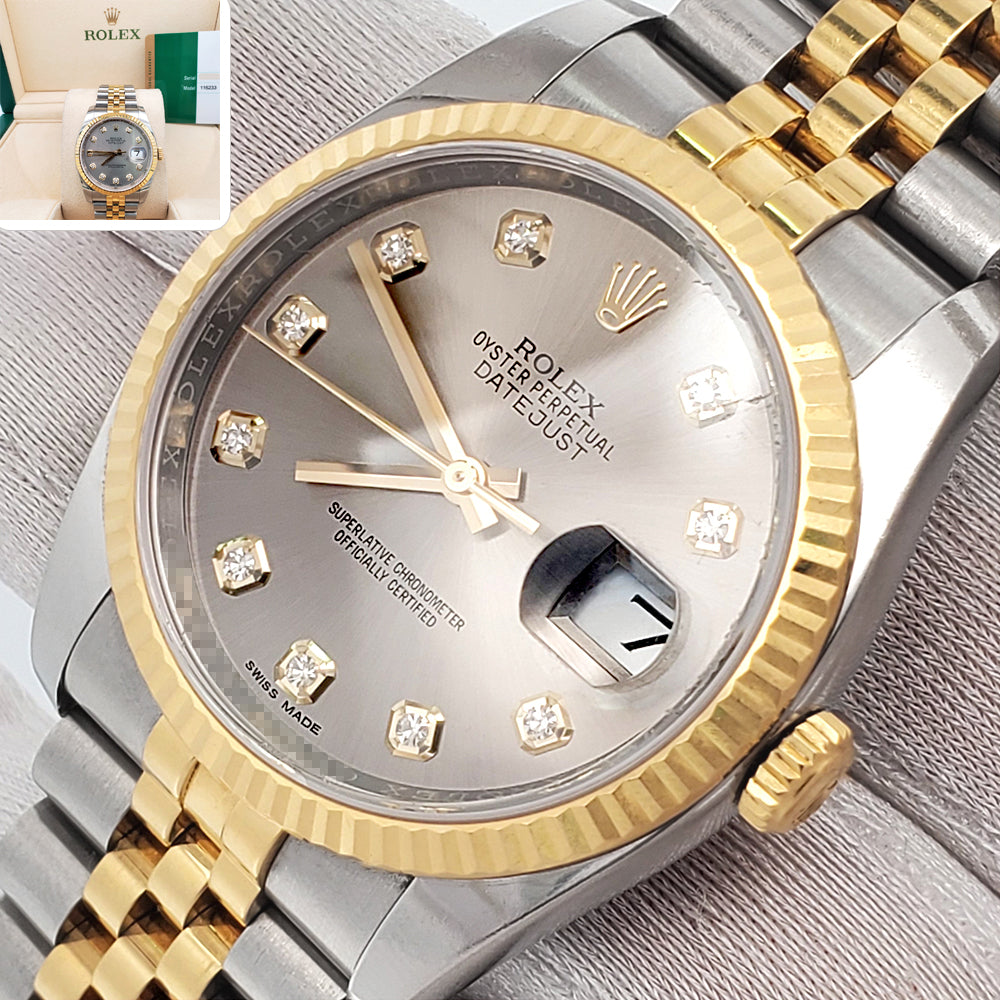 2018 Rolex Datejust 116233 Factory Slate Diamond Dial 2-tone Yellow Gold/Steel Jubilee 36mm Watch Box Papers
