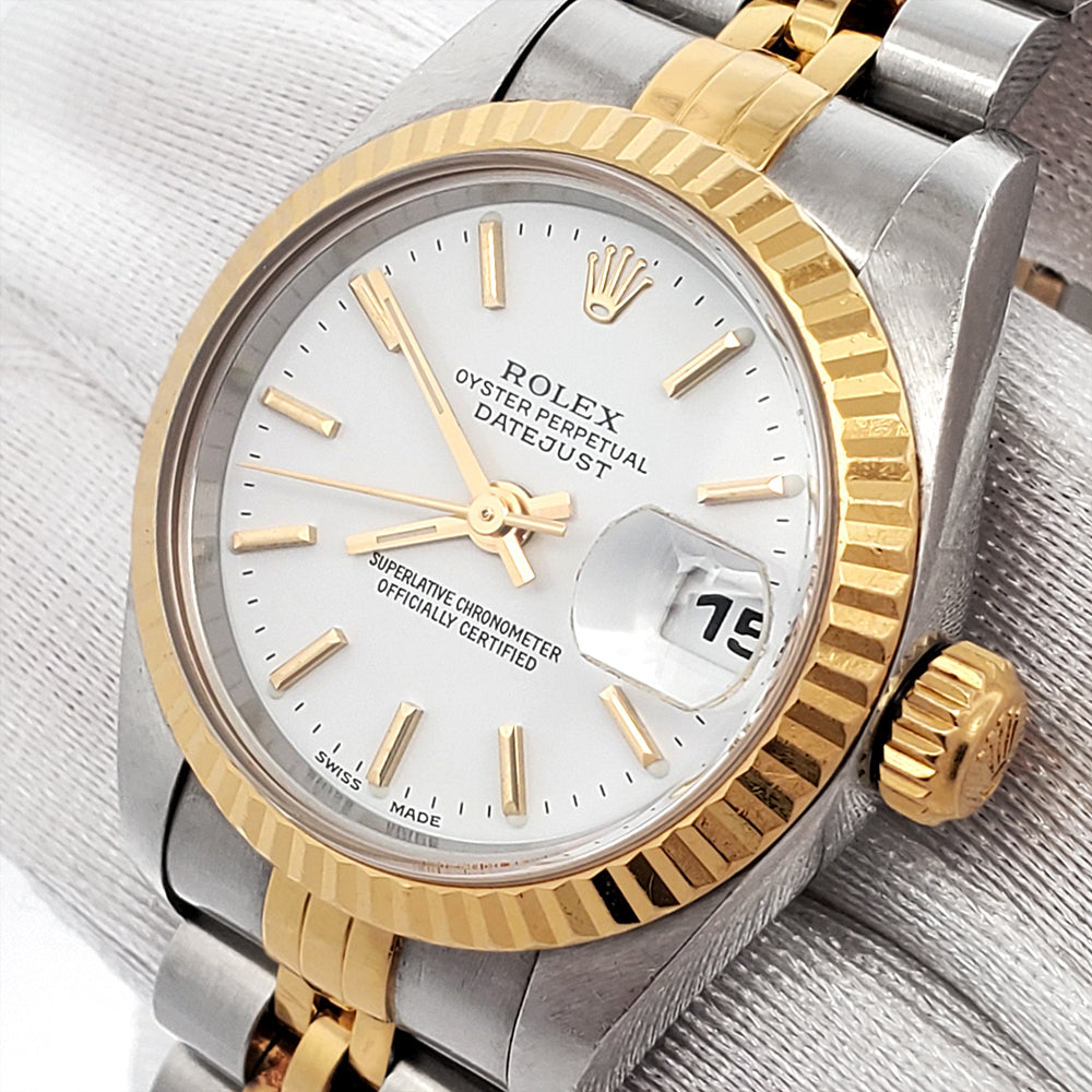 Rolex Datejust 26mm 79173 White Index Dial 2-Tone Yellow Gold Fluted Jubilee Watch Papers