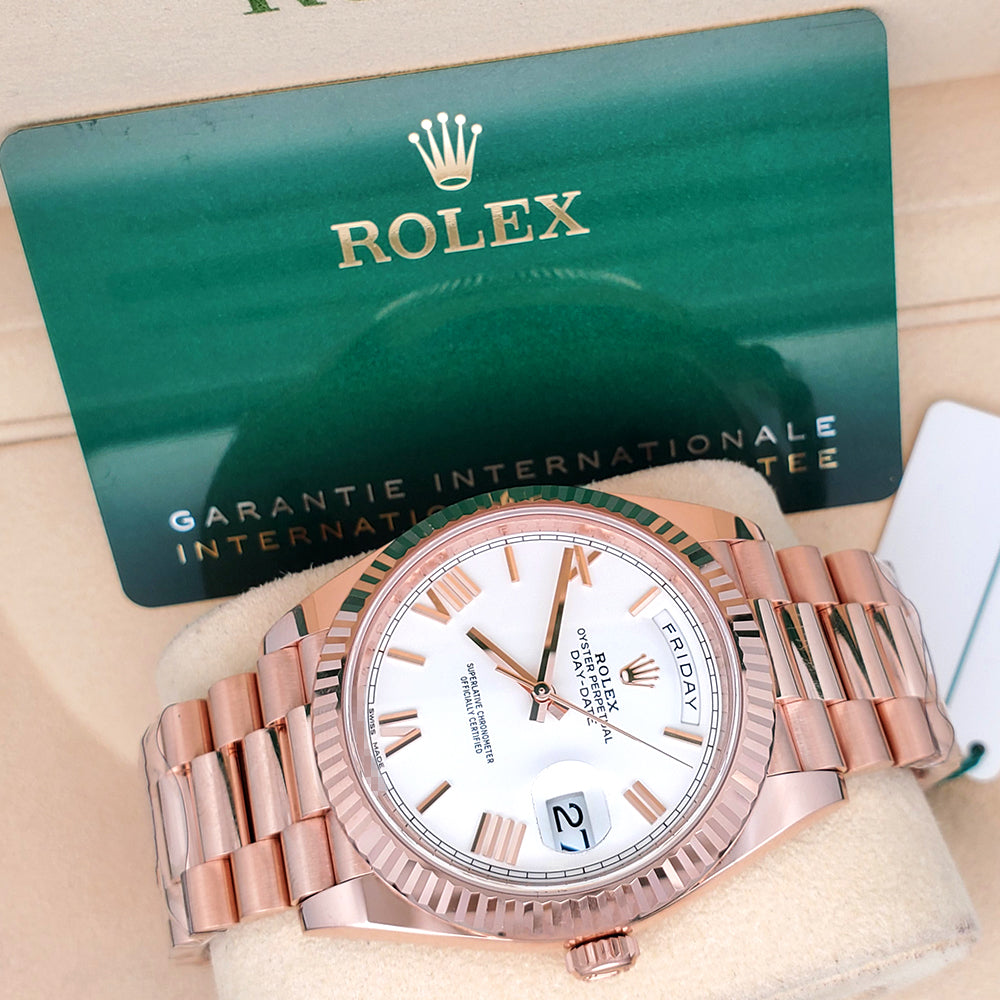 Unworn Rolex Day-Date 40mm 228235 Rose Gold White Roman Dial Watch 2022 Box Papers