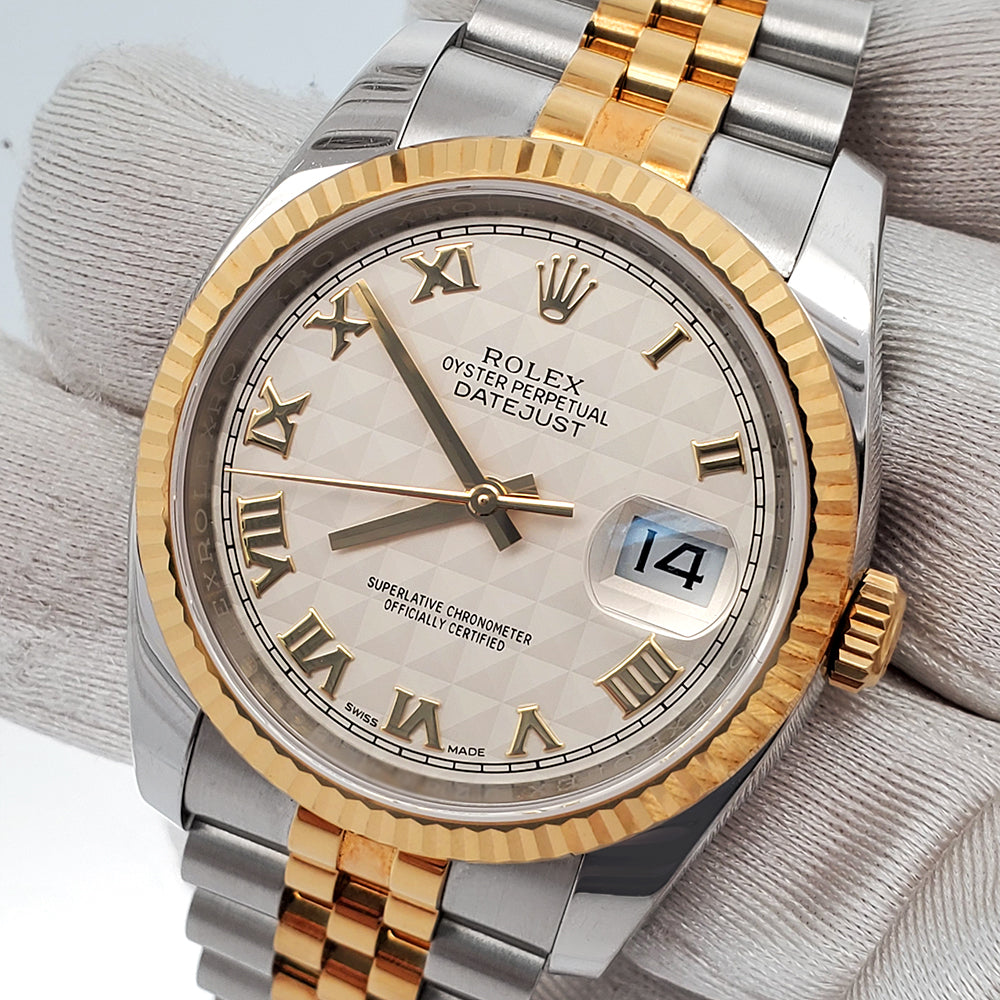 Rolex Datejust 36mm 2 Tone Yellow Cream Pyramid Dial Watch 116233