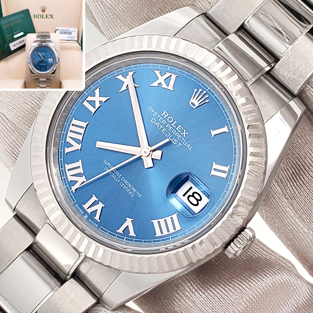 2024 Rolex Datejust 41 Blue Roman White Gold Fluted Bezel Watch 126334 Box/Papers/Tag