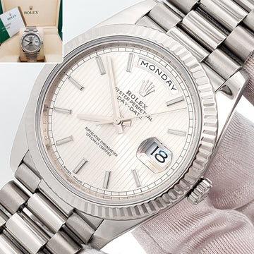 2017 Rolex President Day-Date Silver Stripe Motif Dial White Gold 40mm Watch 228239 Box Papers