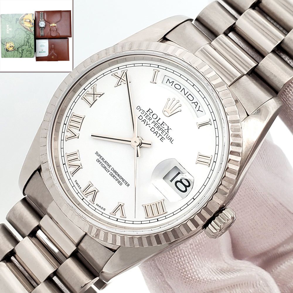 Rolex President Day-Date White Gold Roman Dial 36mm Watch 18239 Box Papers