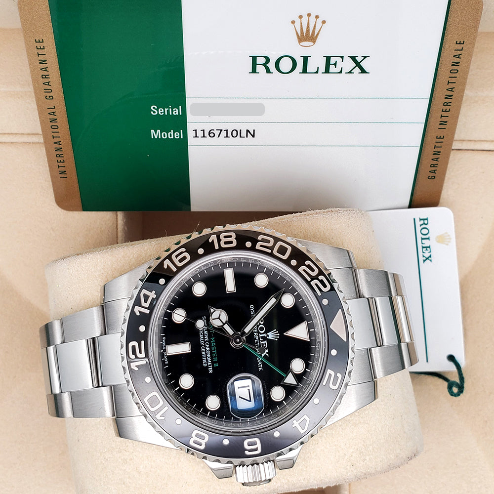 Rolex GMT-Master II 40mm Ceramic Bezel Stainless Steel Watch 116710LN Box Papers