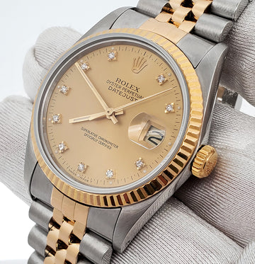 Rolex Datejust 36mm Factory Champagne Diamond Dial Yellow Gold/Steel Watch 16013