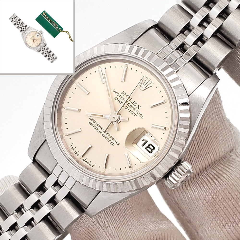 Rolex Datejust Silver Index Dial/White Gold Fluted Bezel/Steel Jubilee 26mm Watch 69174 Serial Tag