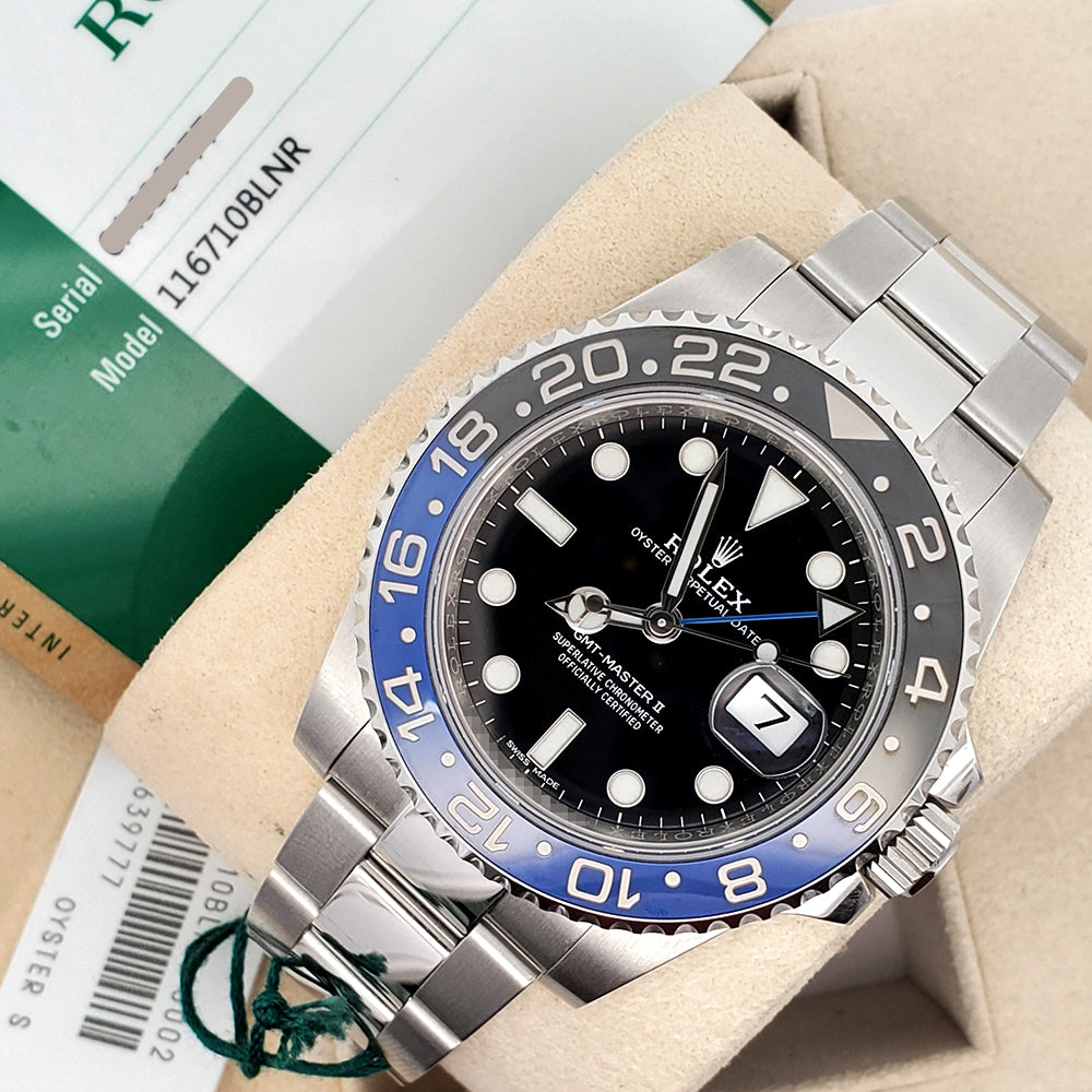 2017 Rolex Batman GMT-Master II 40mm Blue/Black Ceramic Bezel Steel Oyster Watch 116710BLNR Box Papers