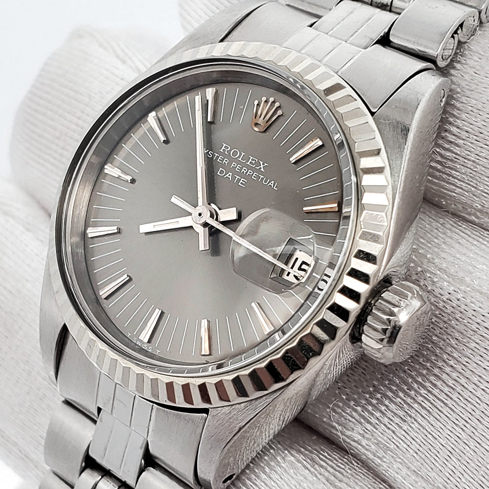 Rolex Date 26mm Gray Fluted Bezel Steel Watch 6917