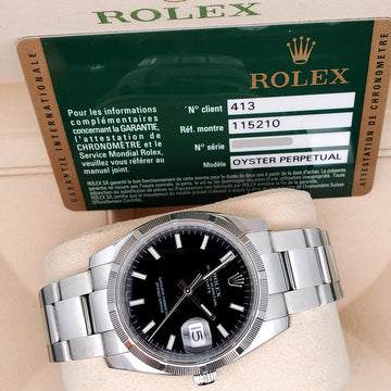 Rolex Date 34mm Black Dial Oyster Bracelet Steel Watch 115210 Box Papers