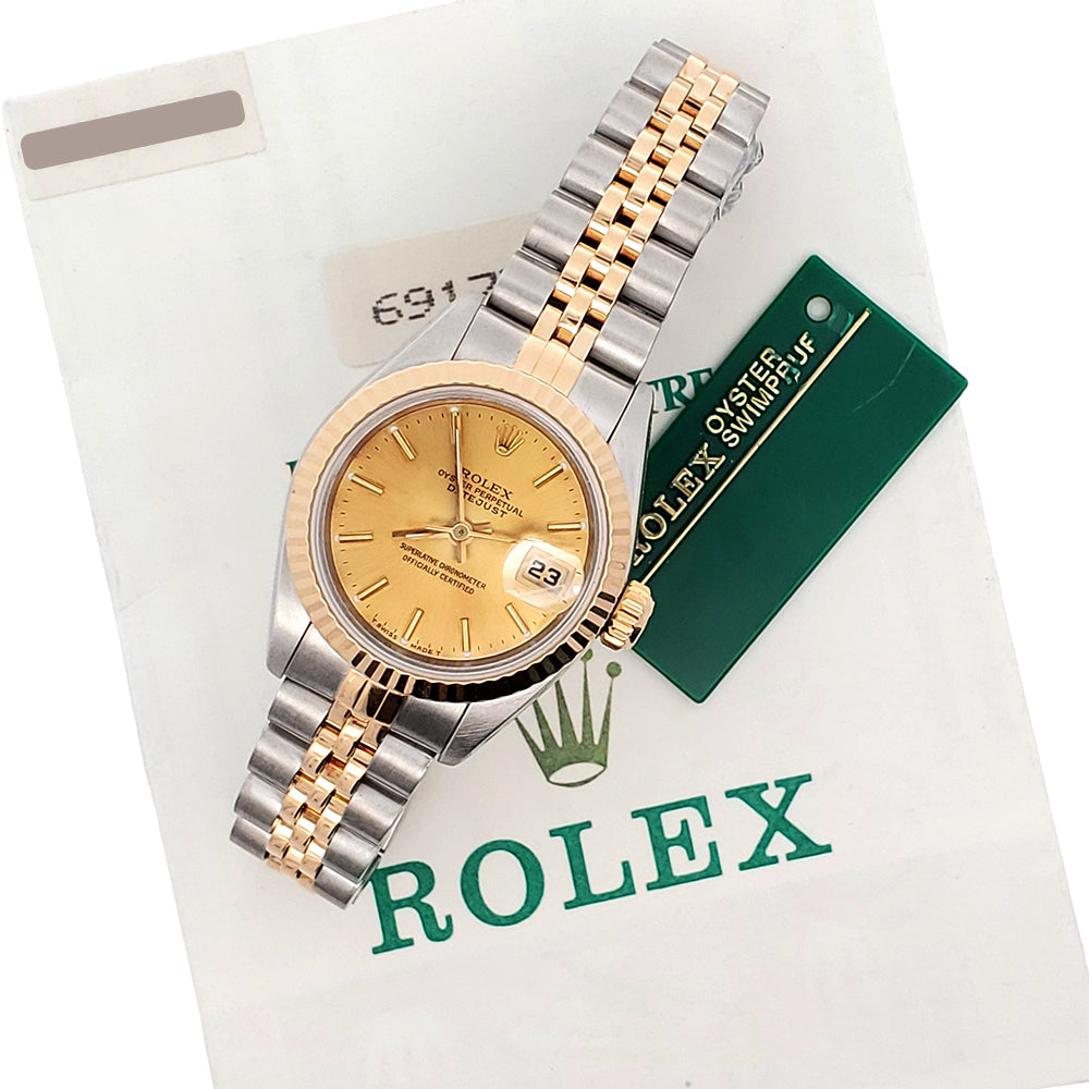 Rolex Datejust 26mm Champagne Dial 2-Tone Yellow Gold/Steel Jubilee Watch 69173 Papers