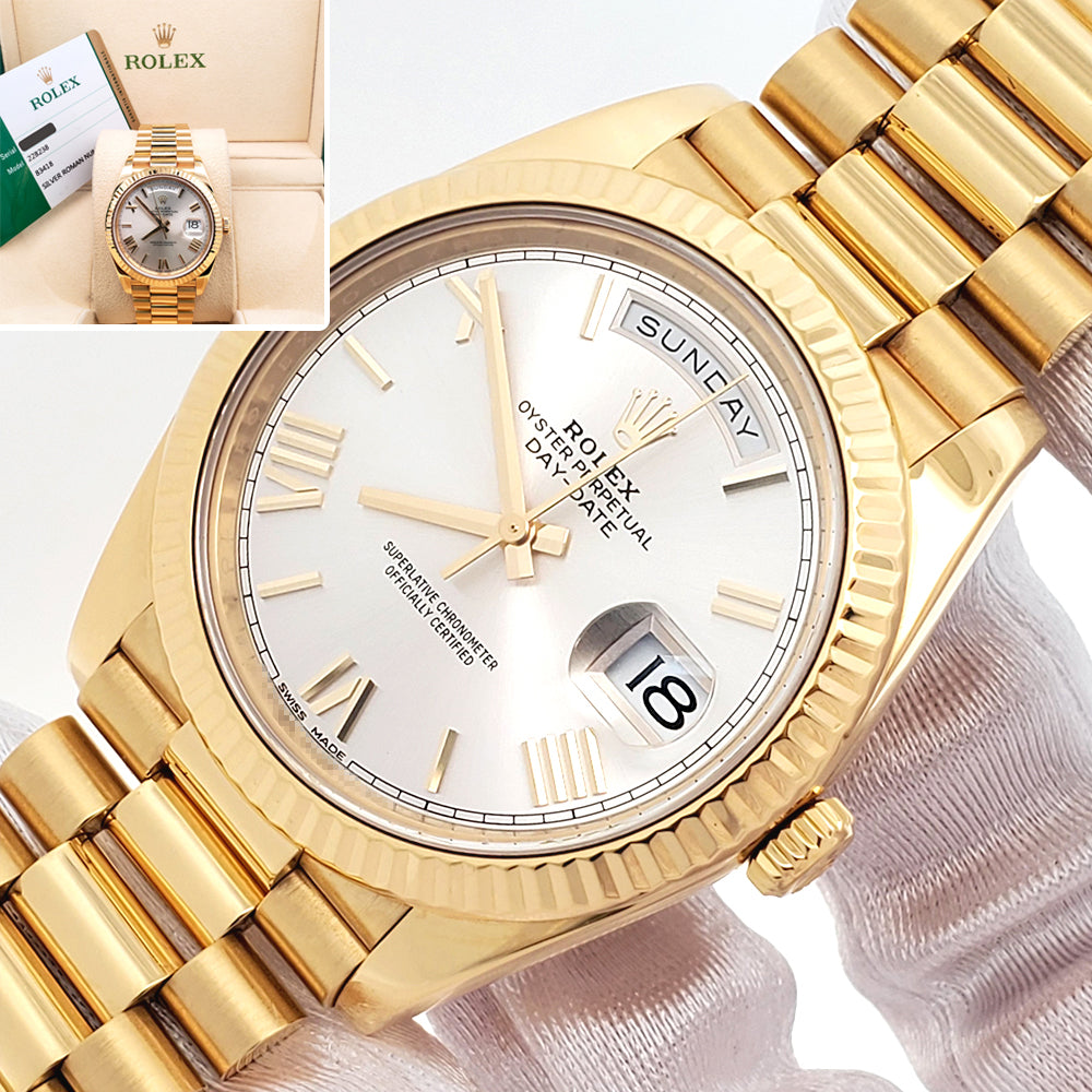 Rolex President Day-Date 40 Yellow Gold Silver Roman Dial Watch 228238 Box Papers