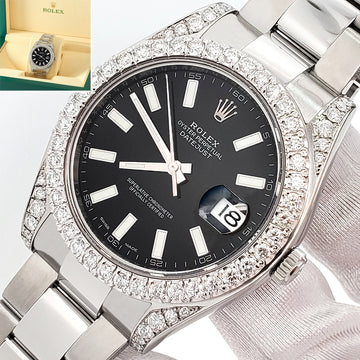 Rolex Datejust II Steel 41mm Watch 4.5CT Diamond Bezel/Lugs/Black Index Dial 116300 Box Papers