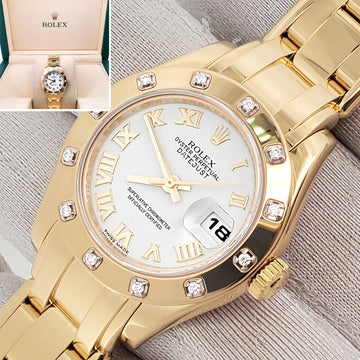 Rolex Pearlmaster Lady-Datejust Factory 12 Diamond Bezel White Roman Dial Yellow Gold 29mm Watch 80318