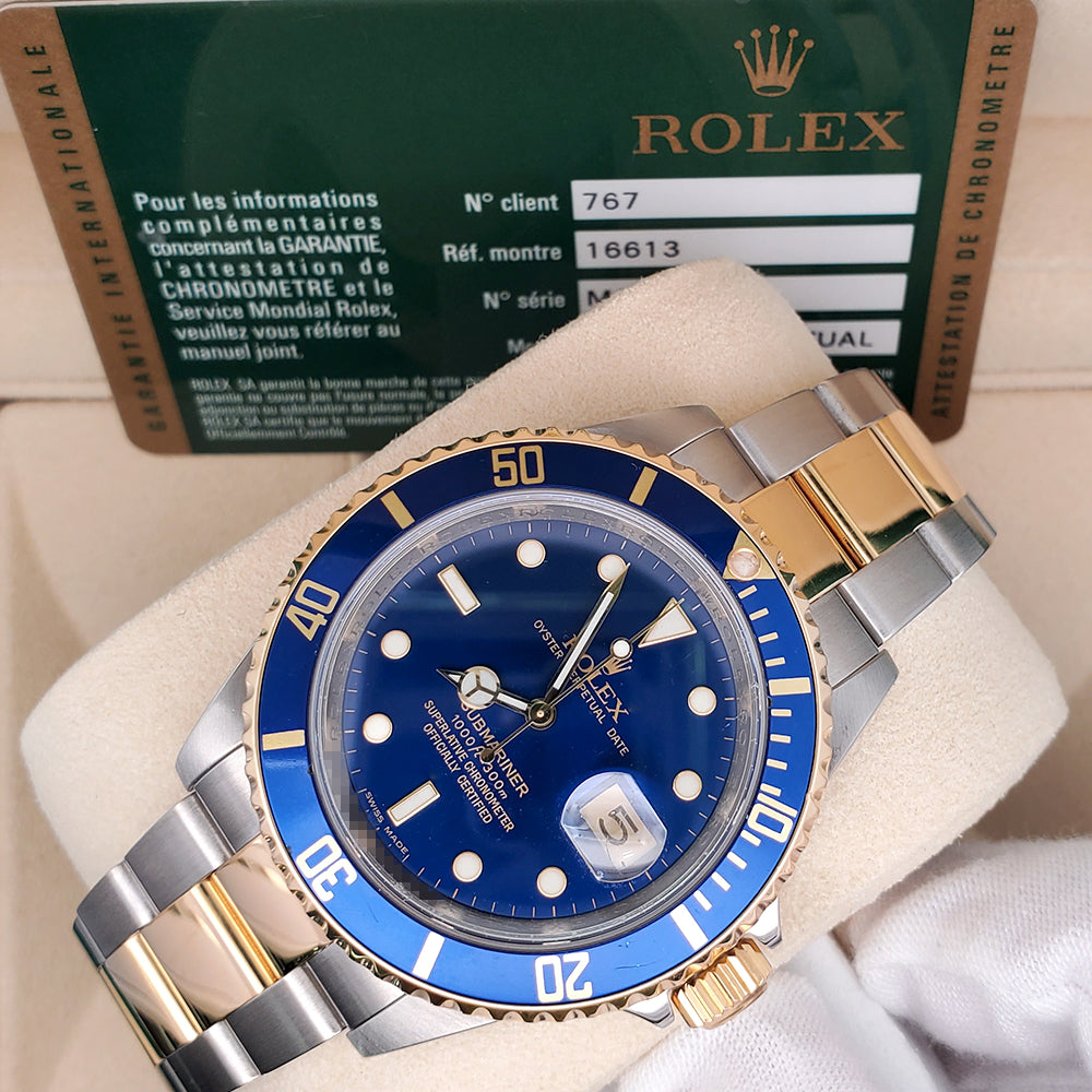 Rolex Submariner Date Engraved Rehaut 40mm Blue 2-tone Yellow Gold/Steel Watch 16613 Box Papers