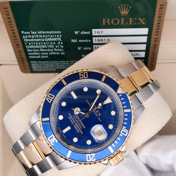 Rolex Submariner Date Engraved Rehaut 40mm Blue 2-tone Yellow Gold/Steel Watch 16613 Box Papers