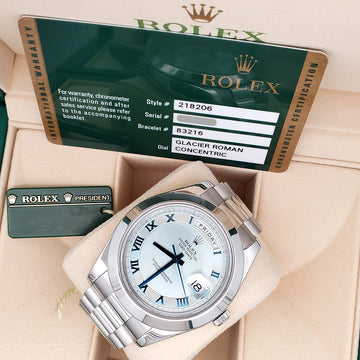 Rolex President Day-Date II 41mm Glacier Ice Blue Roman Concentric Dial Platinum 218206 Box Papers