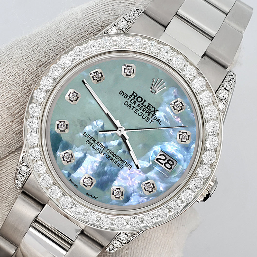 Rolex Datejust Midsize 31mm 2.1ct Diamond Bezel/Lugs Tahitian Blue MOP Dial Steel Oyster Watch