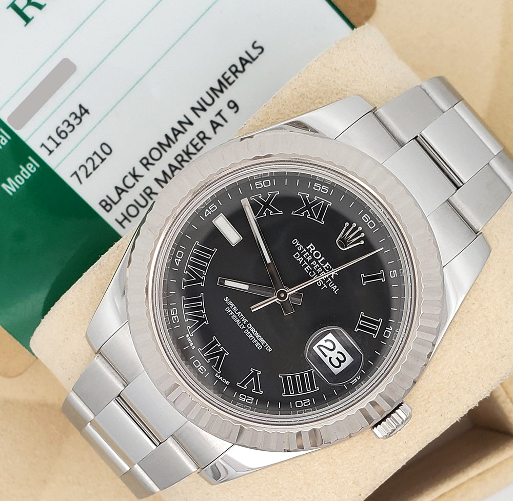 Rolex Datejust II 41mm 116334 Black Roman Dial White Gold Fluted Bezel Steel Watch Box Papers