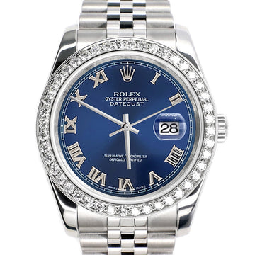 Rolex Datejust 36MM Blue Roman Dial Steel Jubilee Watch with 2CT Custom Diamond Bezel 116200