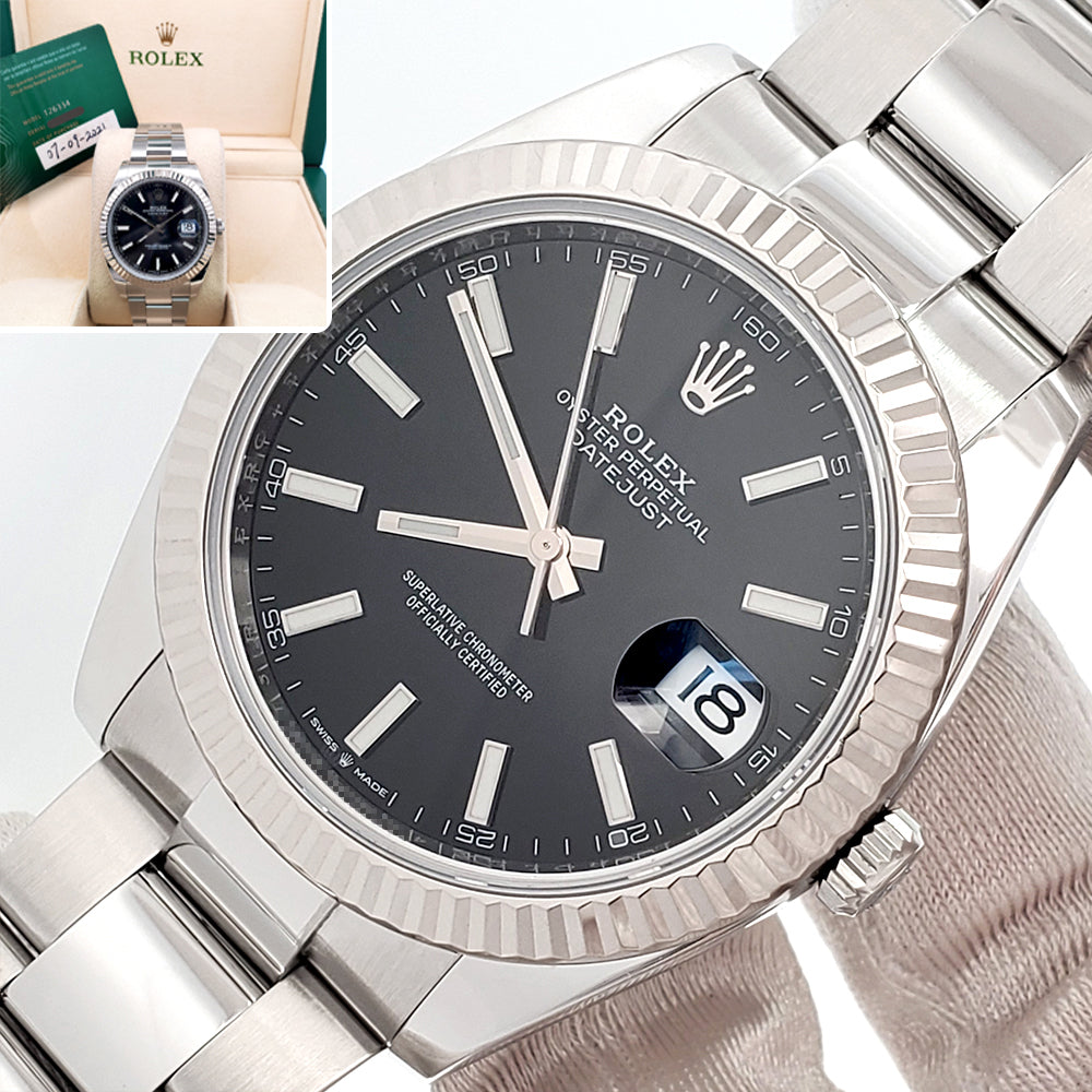 2021 Rolex Datejust 41 Black Index Dial White Gold Fluted Bezel Steel Oyster Watch 126334 Box Papers