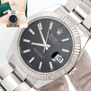 2021 Rolex Datejust 41 Black Index Dial White Gold Fluted Bezel Steel Oyster Watch 126334 Box Papers