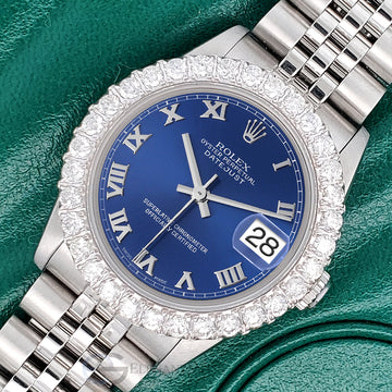 Rolex Datejust Midsize 31mm Blue Roman Dial  2.25ct Diamond Bezel Jubilee Watch