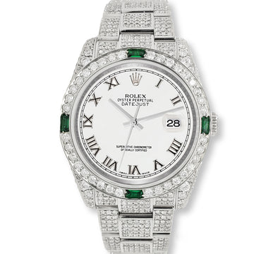 Rolex Datejust 36mm 116200 12.4CT Diamond Emeralds Bezel/Case/Bracelet/White Roman Dial Steel Watch Box Papers