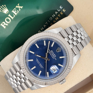 2023 Rolex Datejust 41 Blue Index White Gold Fluted Bezel Steel Jubilee Watch 126334 Box Papers