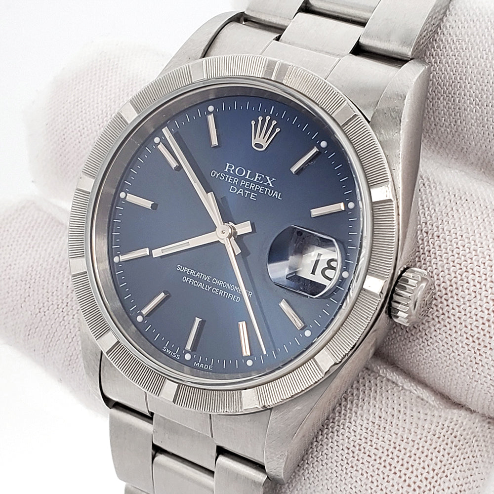 Rolex Date 15210 34mm Blue Index Dial Steel Oyster Watch