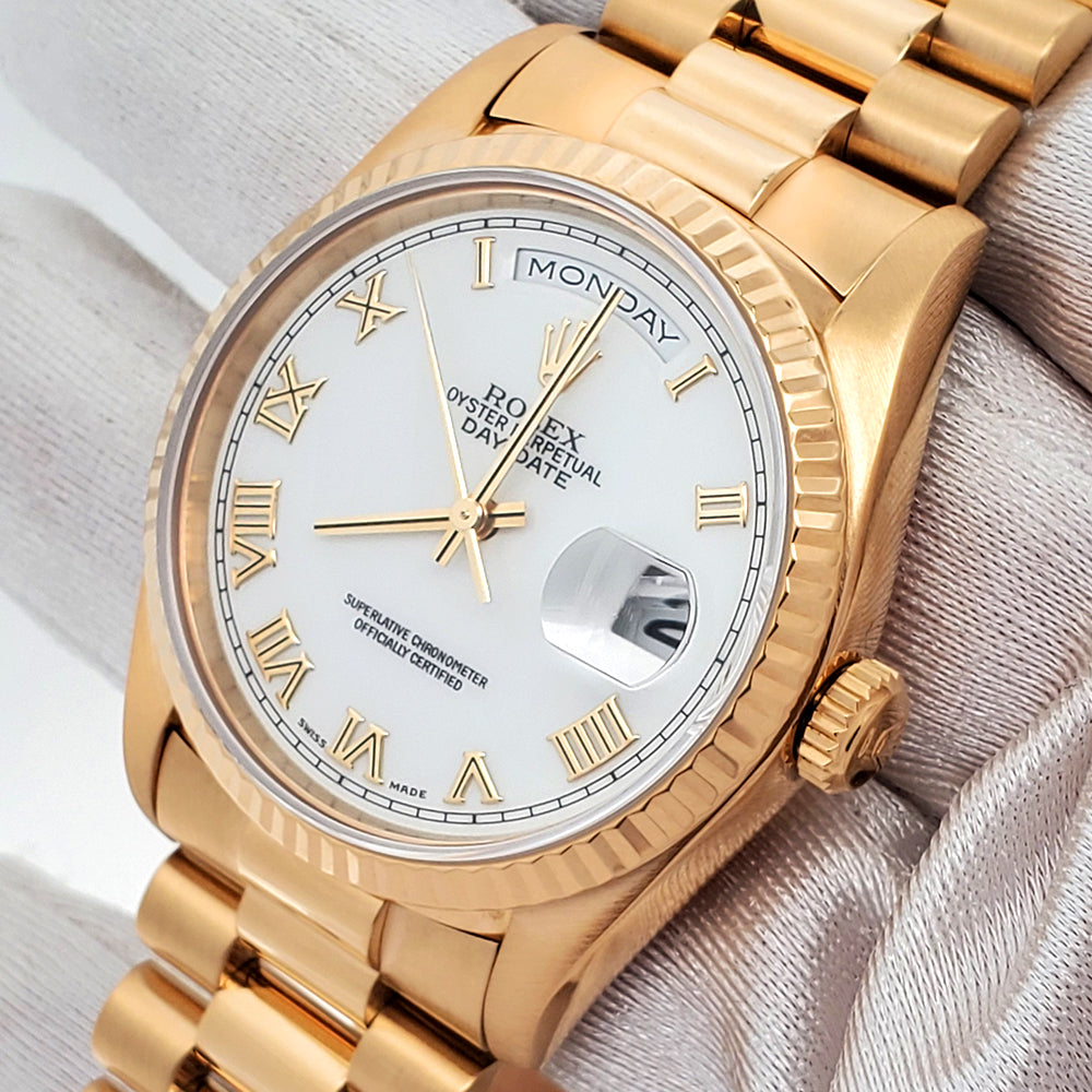 Rolex President Day-Date White Roman Double Quick 36MM Automatic Mens 18K Yellow Gold Watch 18238
