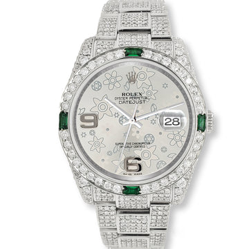 Rolex Datejust 36mm 116200 12.4CT Diamond Emeralds Bezel/Case/Bracelet/Silver Floral Dial Steel Watch Box Papers