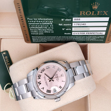 Rolex Datejust Midzise 31mm Pink Roman Steel Oyster Watch 178240 Box Papers