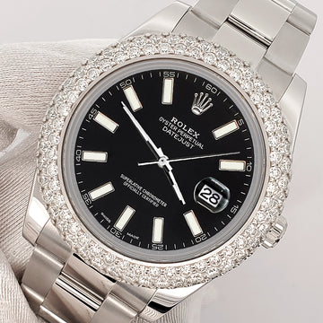 Rolex Datejust II 41mm 6.25ct Dome Diamond Bezel/Black Index Dial Steel Watch 116300 Box Papers