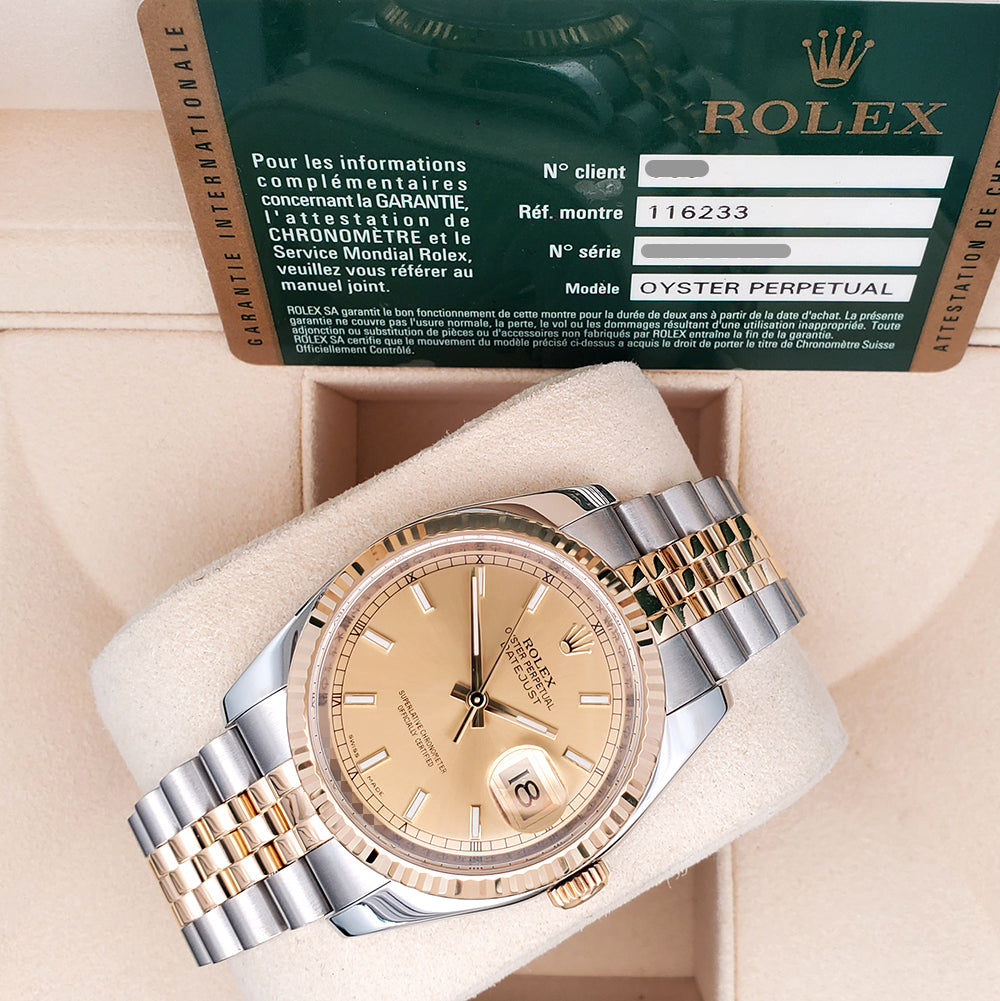 Rolex Datejust 36mm 2-Tone Yellow Gold/Steel Champagne Index Jubilee Watch 116233 Box papers
