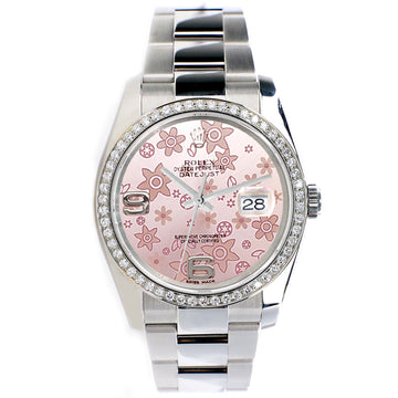 Rolex Datejust 36MM Pink Floral Dial Steel Oyster Watch with Custom VS1 Diamond Bezel 116200