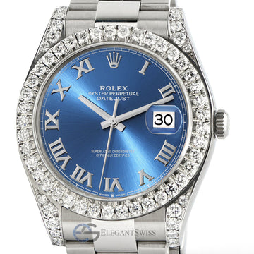Rolex Datejust 41 126300 4.4CT Diamond Bezel/Lugs/Blue Roman Steel Watch Box Papers