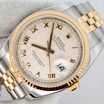 Rolex Datejust 36mm 2-Tone Yellow Gold/Steel Cream Pyramid Dial Watch 116233 Box Papers