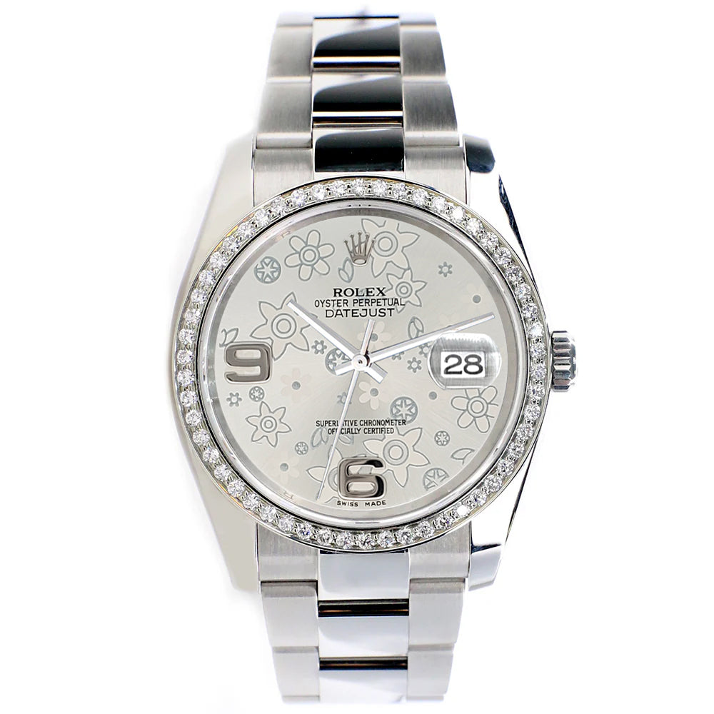 Rolex Datejust 36mm Silver Floral Dial Oyster Watch with custom VS1 Diamond Bezel 116200