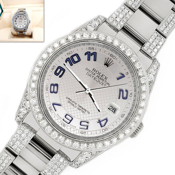 Rolex Datejust 36mm 5.9ct Diamond Bezel/Lugs/Bracelet/Silver Decorated Blue Arabic Dial Steel Watch 116200 Box Papers
