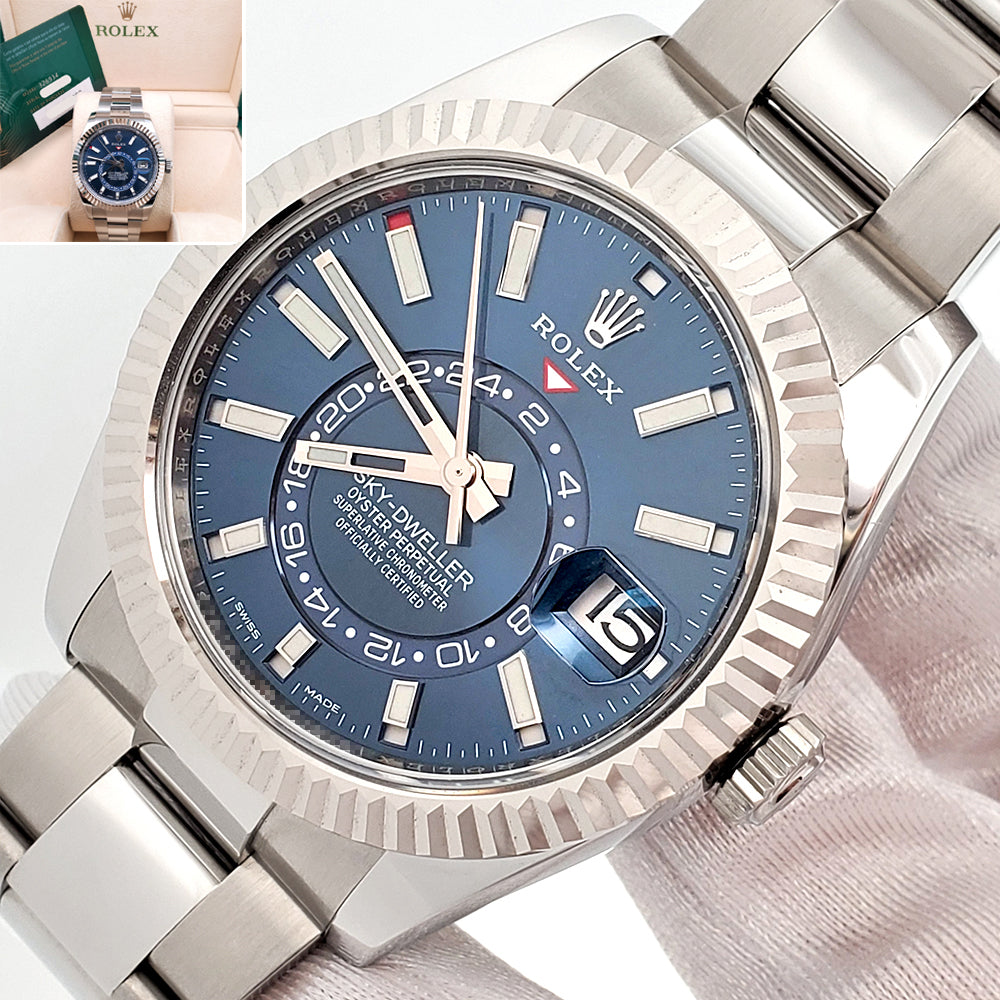 2022 Rolex Sky-Dweller White Gold Fluted Bezel Blue Index Dial Steel Oyster 42mm Watch 326934 Box Papers