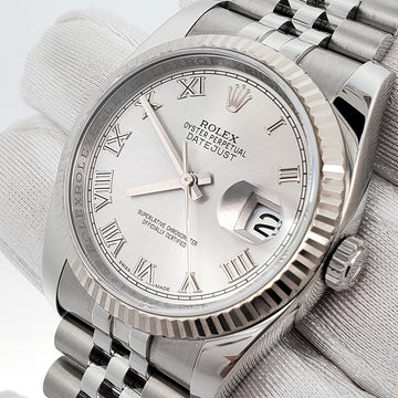 Rolex Datejust 36mm Silver Roman White Gold Fluted Bezel Steel Jubilee Watch 116234 Box Papers