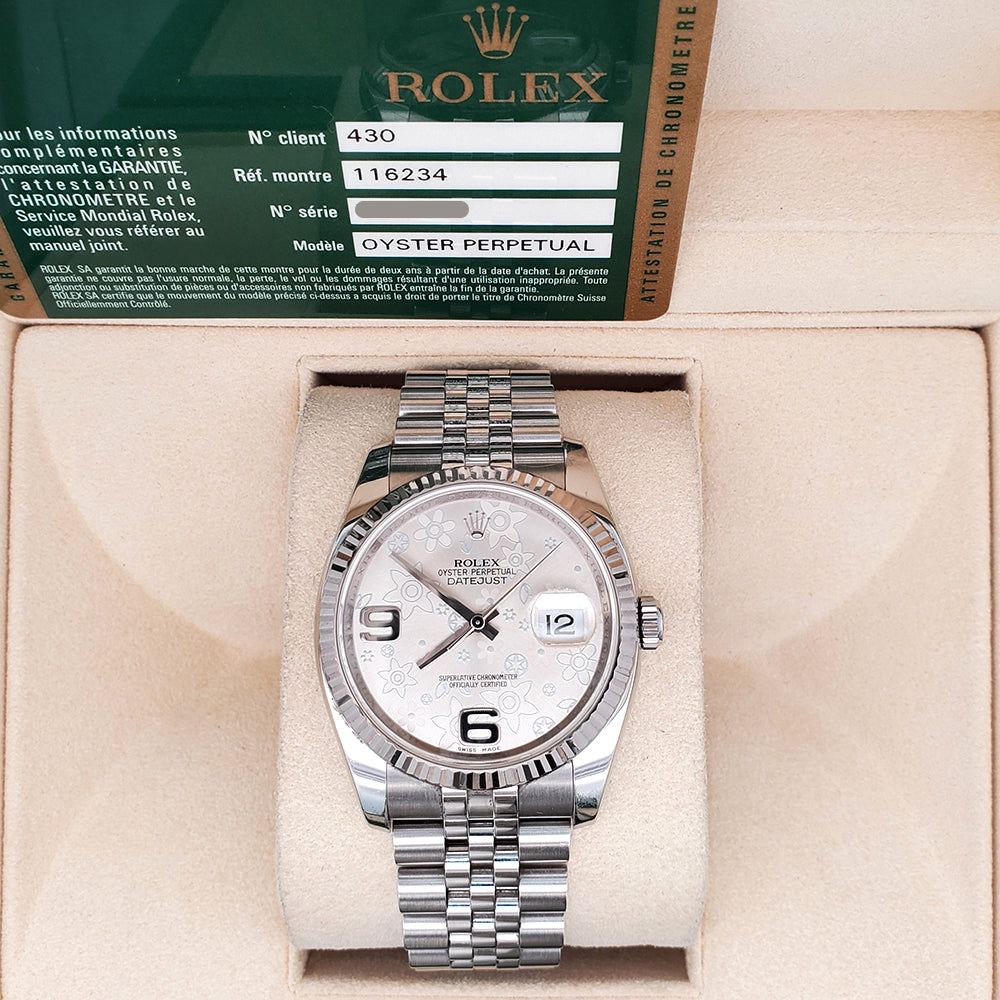 Rolex Datejust 36mm Silver Floral White Gold Fluted Bezel Steel Jubilee Watch 116234 Box Papers