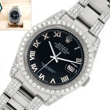Rolex Datejust 36mm 5.9ct Diamond Bezel/Lugs/Bracelet/Black Roman Dial Steel Watch 116200 Box Papers