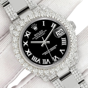 Rolex Datejust 31mm Black Roman Pave 7.2ct Iced Diamond Watch 178240